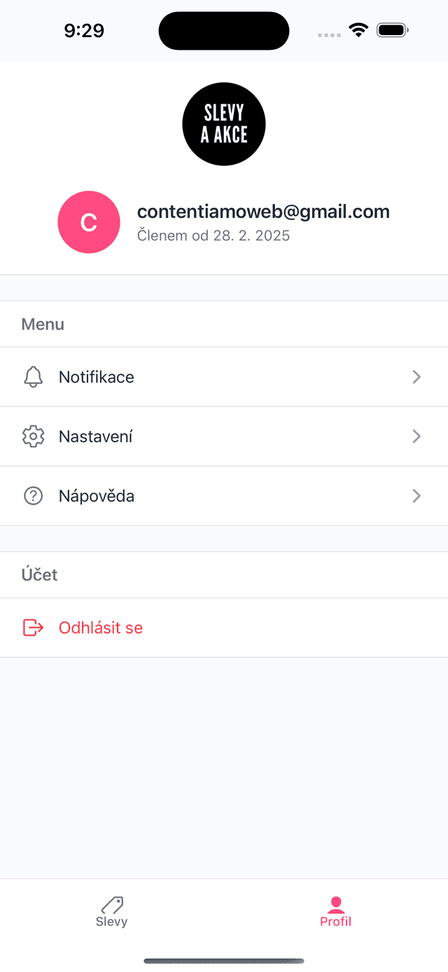 Osobný profil v aplikácii Zľavy a Akcie